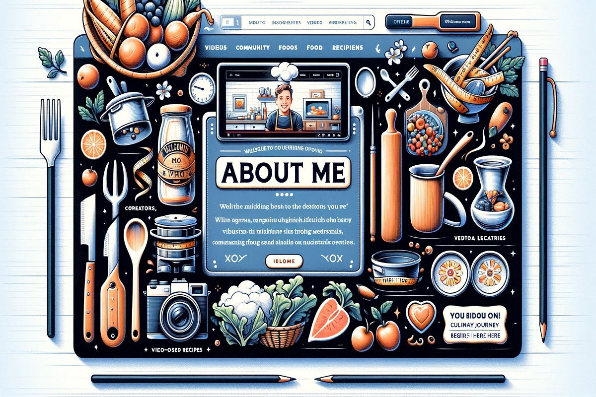 Imagine a redesigned About Me page for a culinary blog, drawing inspiration from the existing elements on VideoFood.com. The design should elegantly